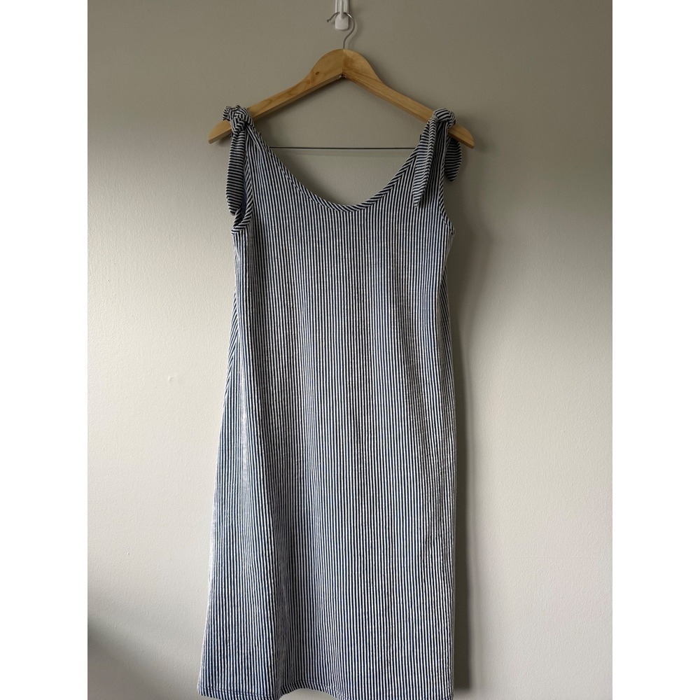 Navy Blue‎ White Striped Tie Shoulder A-Line Dress Womens Medium